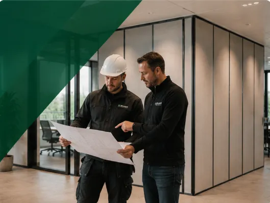 Spijker BV monteur en projectleider bekijken bouwtekening op locatie